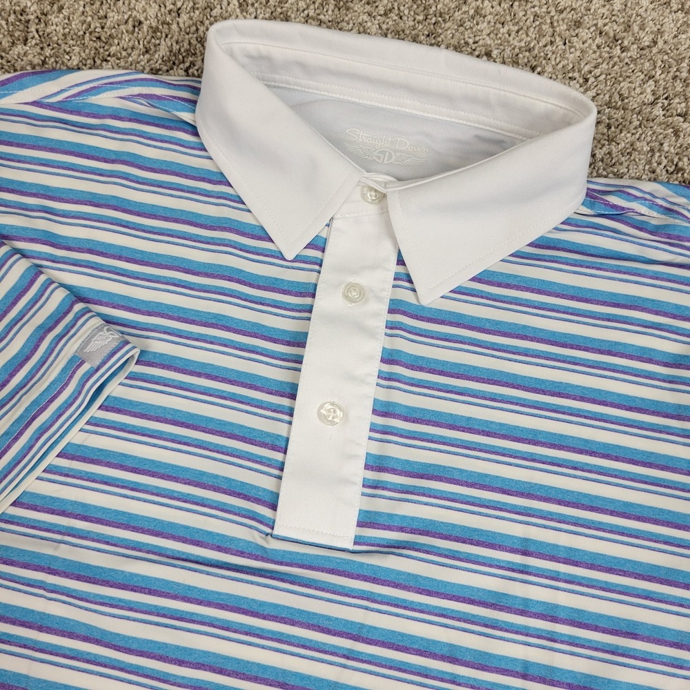 Straight Down Mens Large White Blue Red Striped Performance Stretch Golf Polo SS
